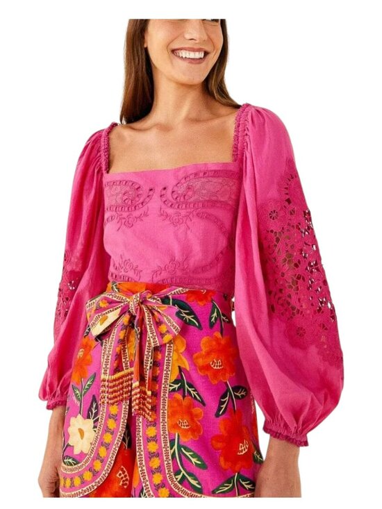 FARM Rio Tops - Farm Rio Magenta Pink Embroidered Puff Sleeve Top